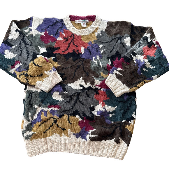 Boston Traders 100% Wool Sweater Foliage Leaf Chunky Crew Knit Vintage Unisex S